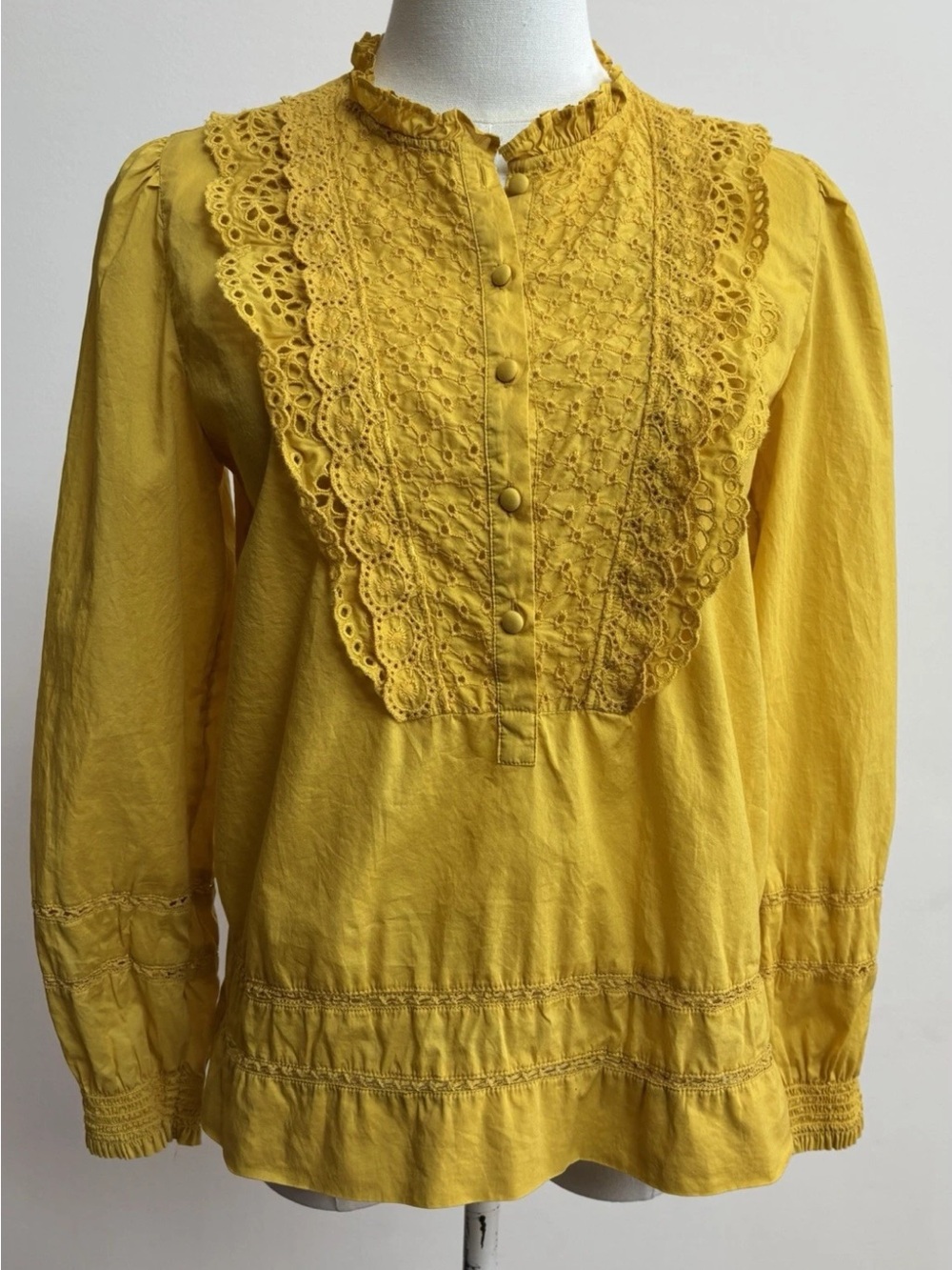 J.Crew Mustard Eyelet Lace Blouse Womens 4 Cotton Ruffle Neck Boho